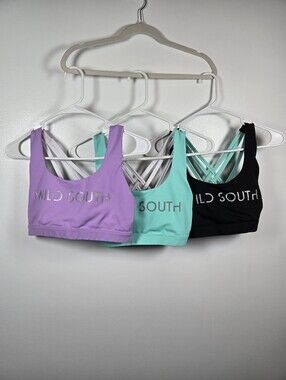 Wild South Bundle Of 3 Strappy Sports Bras Size Medium Purple Turquoise Black